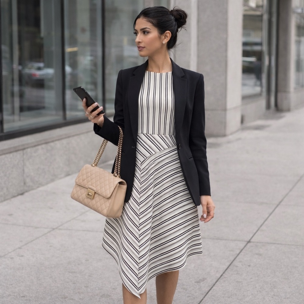 Banana Republic Asymmetrical Striped Midi Dress | Black White Modern Workwear